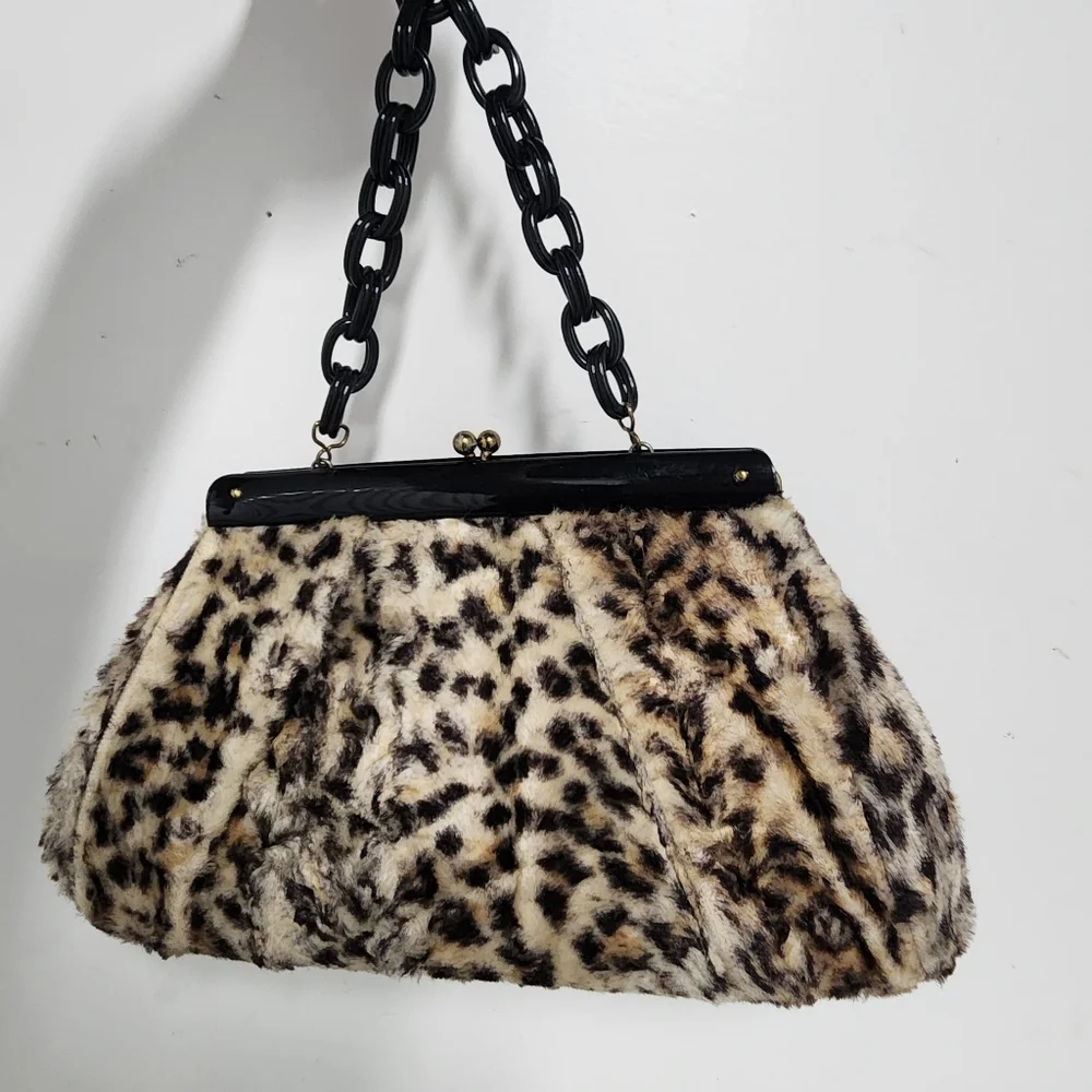 Vintage 1960s Faux Leopard Chain Link Handle Handbag - Picture 6 of 10